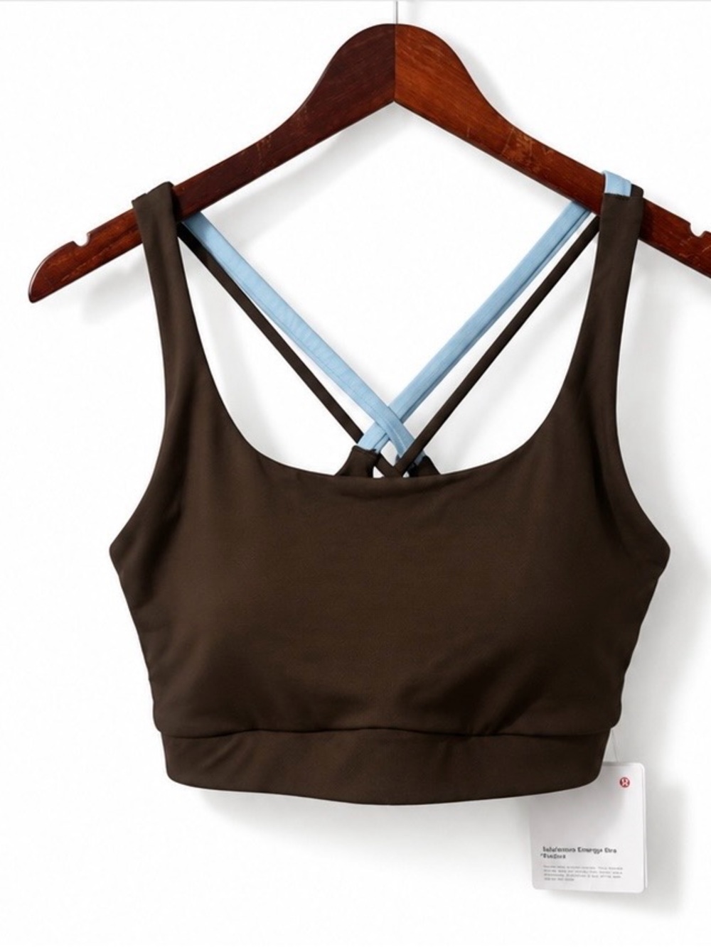 Lululemon Energy Bra Evolve Brown Sports Bra with Light Blue Crisscross Straps